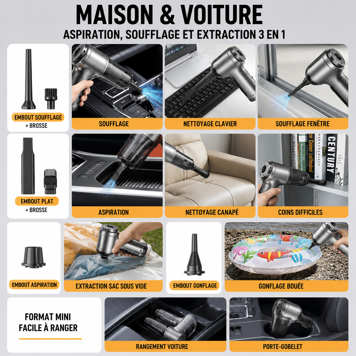 RIMKA ProClean – aspirateur sans fil 3 en 1 pour voiture et maison, aspiration et soufflage