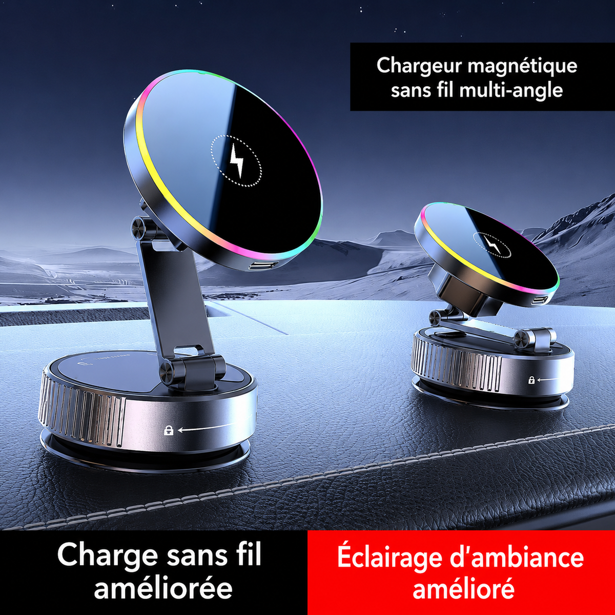 Support téléphone voiture magnétique RIMKA MagHold avec charge sans fil et éclairage LED multicolore