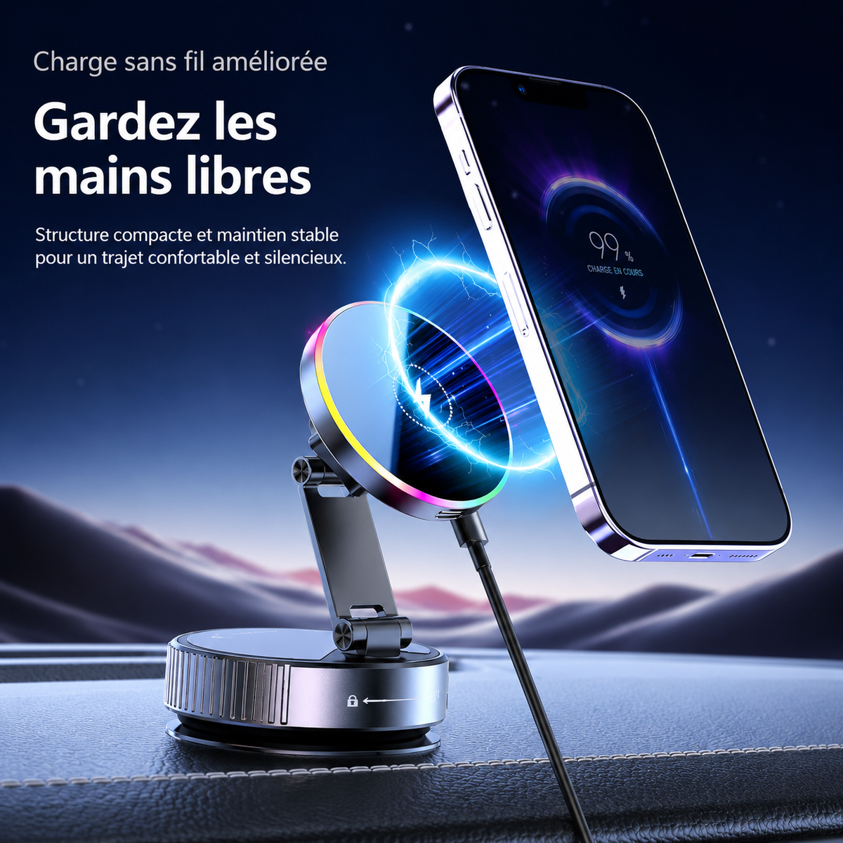 Support téléphone voiture RIMKA MagHold avec recharge sans fil et message Gardez les mains libres